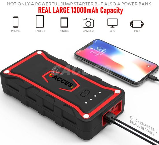 Car Jump Starter,1000A Peak 22000mAh(7.0L Gas & 5.0L Diesel) Auto Battery Booster Quick Charge 3.0 Power Bank LED Flashlight w/Intelligent Clamp,IP68 Waterproof image 3