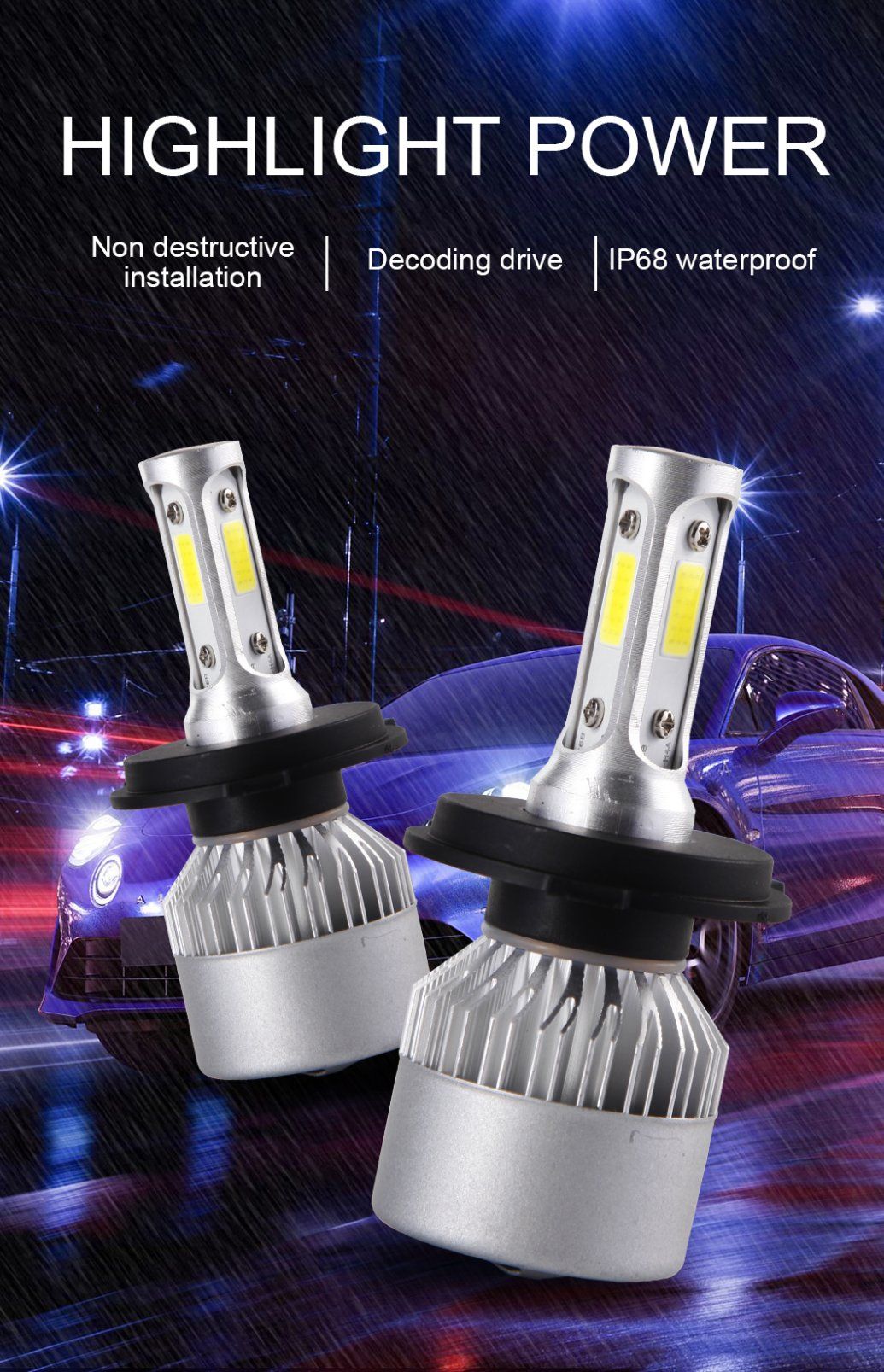 IP68 Waterproof Easy to Install Three Luminous Faces H4 LED Headlights