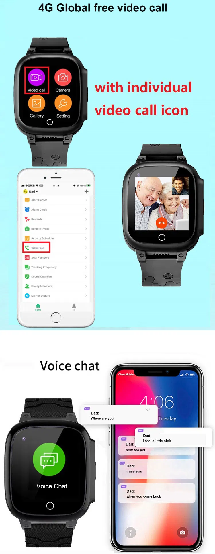 China factory IP67 Waterproof 4G Video Call GPS Smart Gift Watches Tracker for Elderly with Thermometer D51S