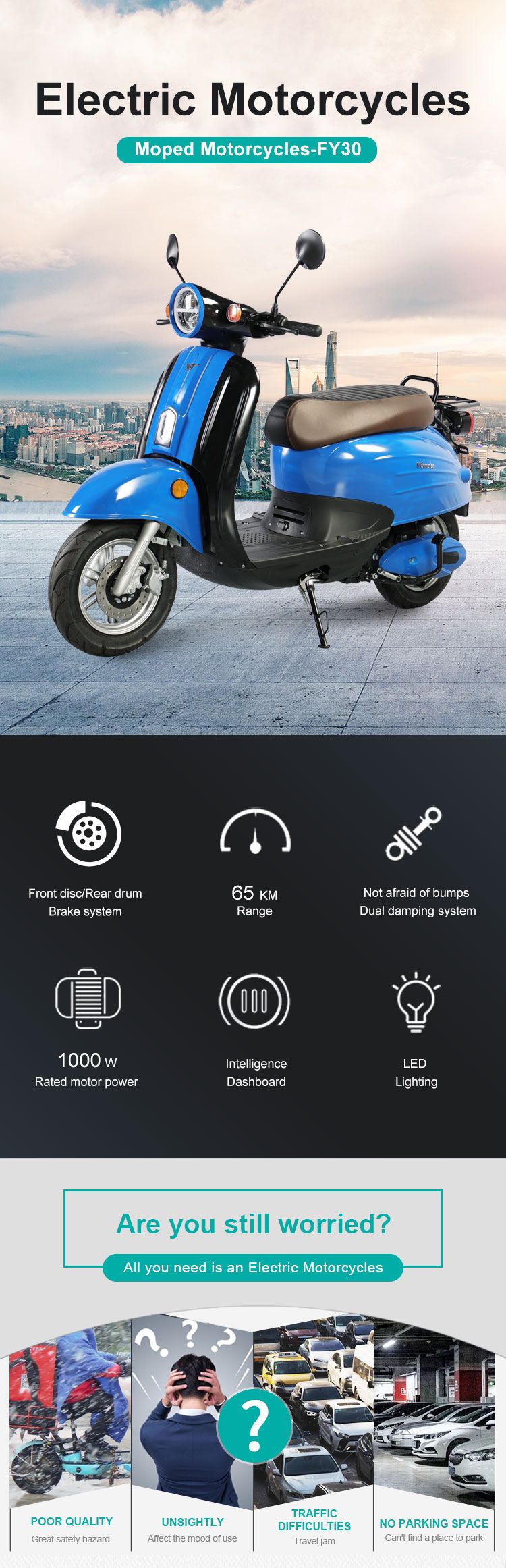 Flymate Electric Motorcycle with Lithium Battery 60V 1000W Electrical Bicycle Scooter Adult (FY30)