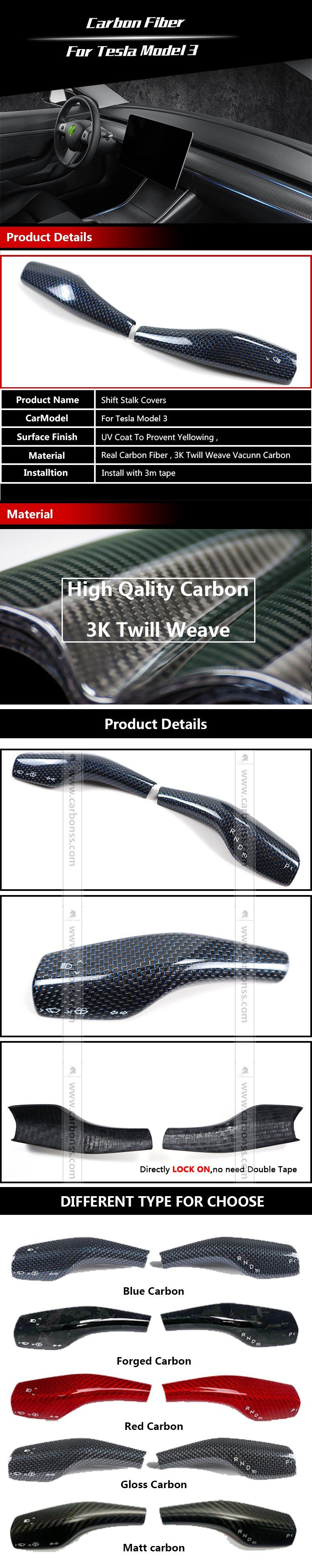Blue 2-PCS Carbon Shift Stalk Covers for Tesla Model 3/Y