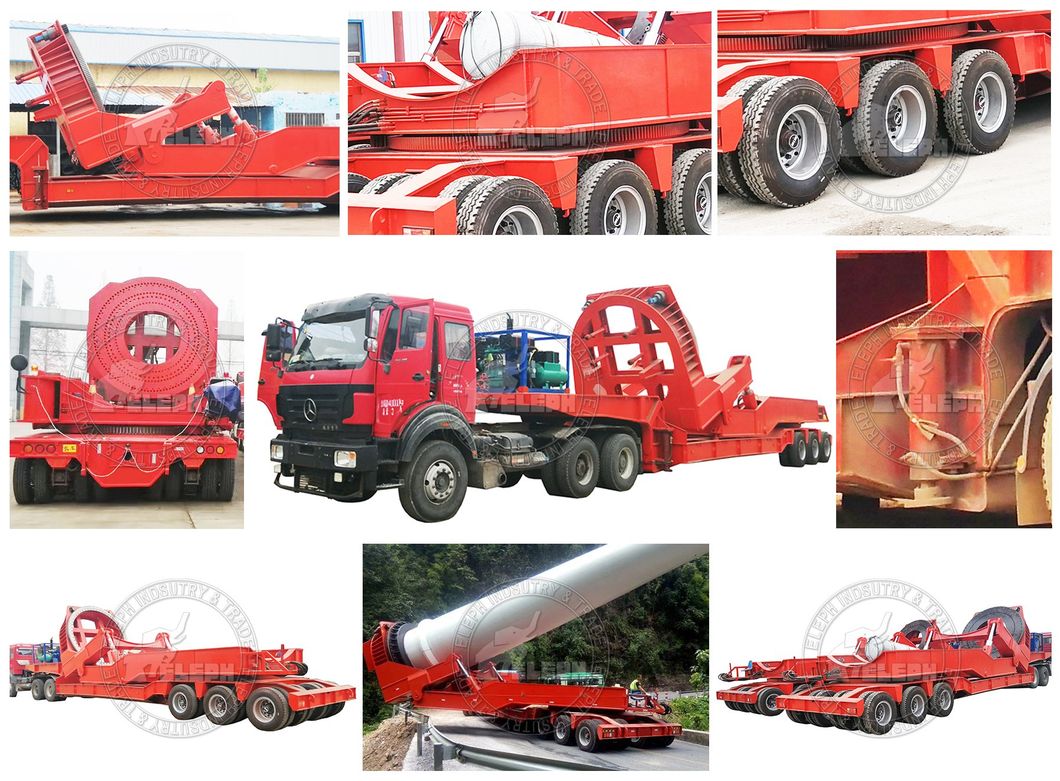 3line 6axle 360 Degree Rotatory 59m 20tons High Hill Mountain Area Free Turning Wind Blade Transport Lowboy Lowbed Semi Trailer