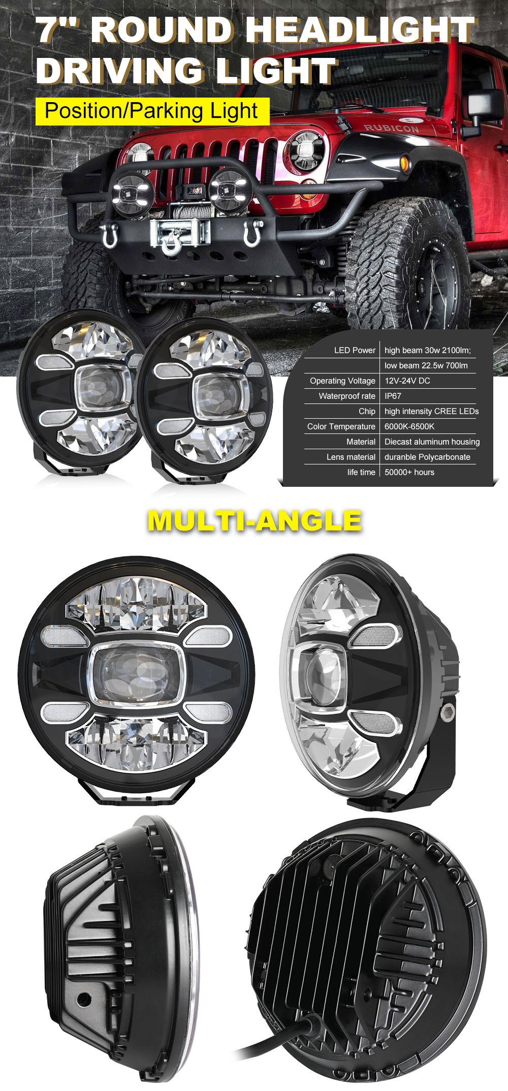 OEM DOT E9 High Low Beam Round LED Work Car, Jk Jl Tj off Road King Motorcycle 7in LED Headlights with Position Light