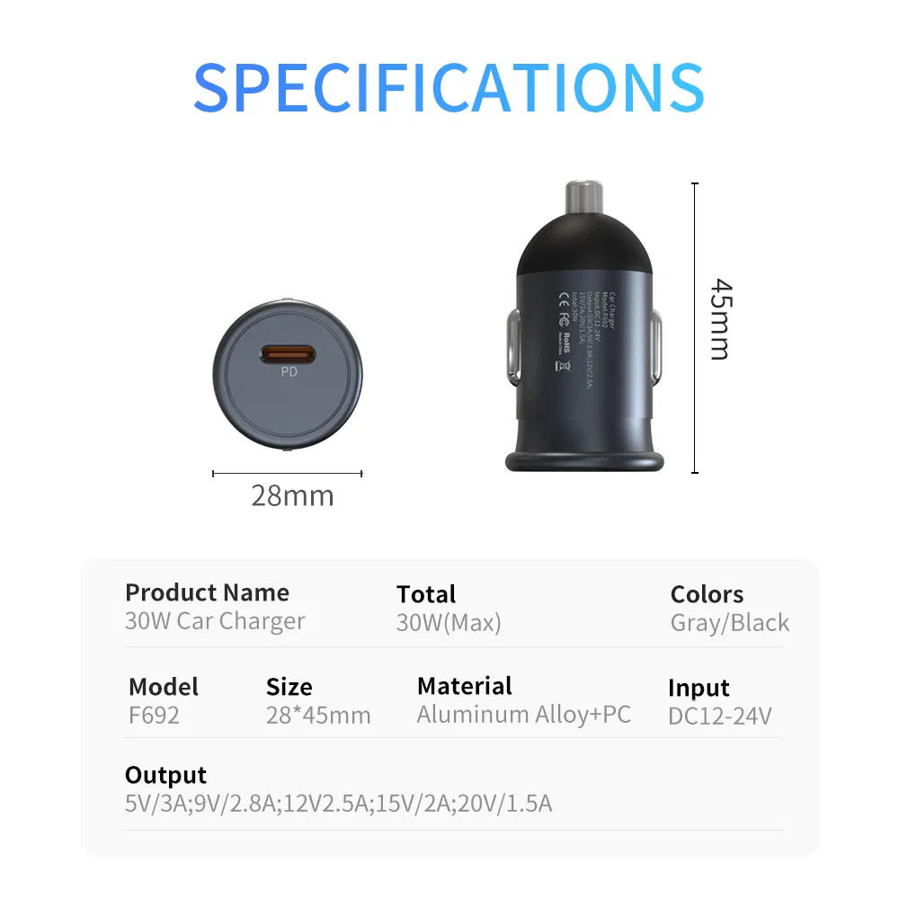 Full Aluminium Mini 30W Pd Fast Charging USB Car Charger