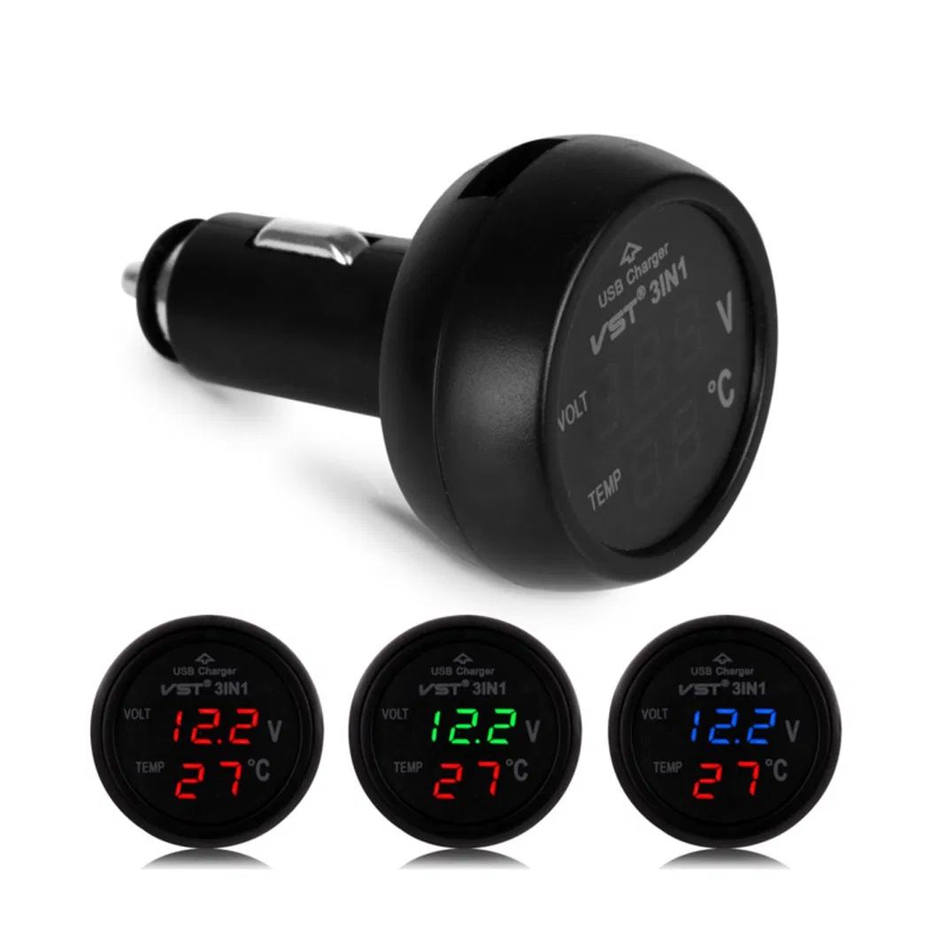 3 in 1 Cigarette Lighter Plug - USB Car Charger &amp; Digital Voltmeter &amp; Thermometer Gauge