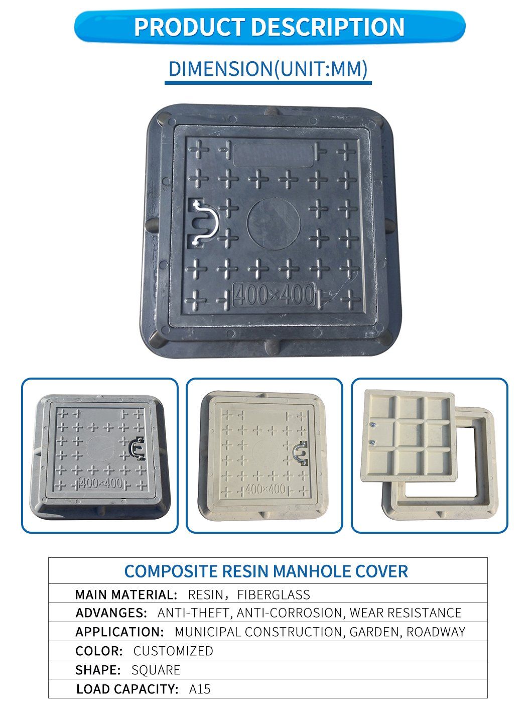 En124composite BMC/SMC/FRP Square Manhole Cover with Competitive Price