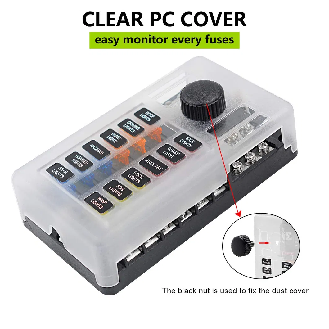 12 Way Blade Fuse Block, 12 Circuit Atc/ATO Fuse Box Holder with LED Indicator Waterproof Cover for 12V/24V Automotive Truck Boat Marine RV Van Vehicle