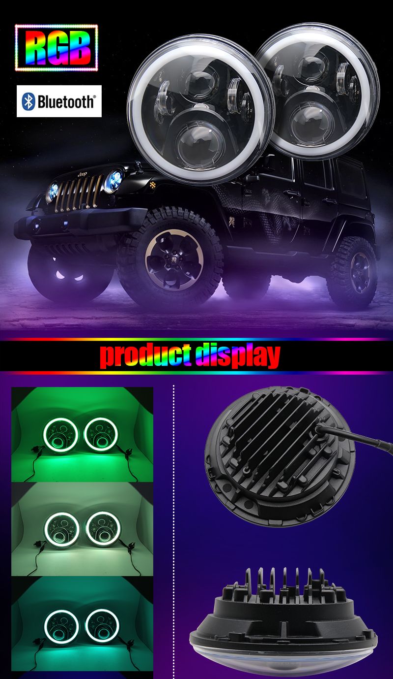 Bluetooth Control Color Change 50W/30W RGB 7 Inch Round Jeep LED Headlight for Car