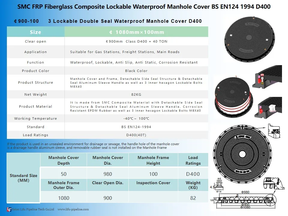High Quality Composite Lockable Waterproof Round Manhole Cover and Frame SMC Heavy Duty Rubber Seal Lock Manhole Cover FRP Watertight Locking Manhole Cover