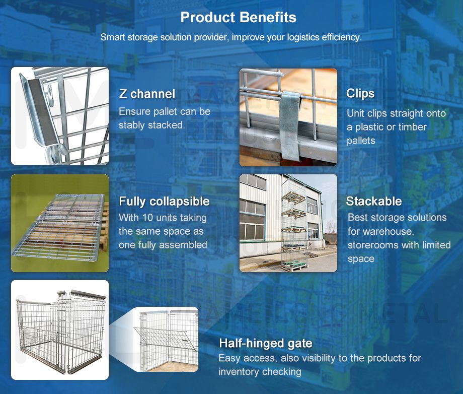 Huameilong Heavy Duty Wire Mesh Pallet Cage with Wooden Pallet