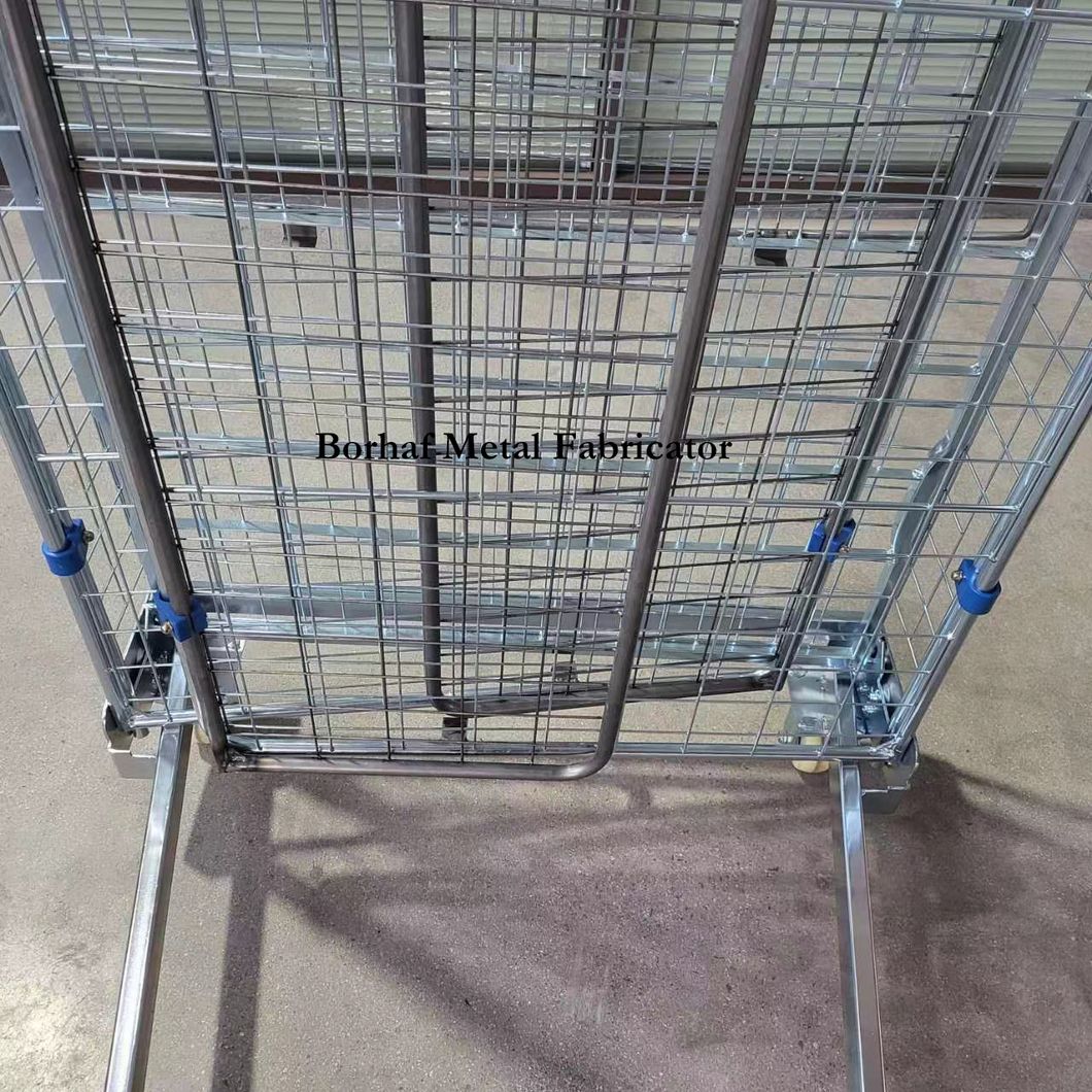 Heavy Duty Steel 4 Sides Folding Welded Nesting Wire Mesh Shelf Collapsible Full Security Roll Container Cage Logistic Trolley for Storage Logistics Transport