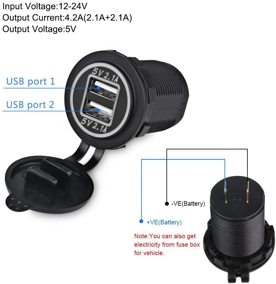 5V 4.2A Waterproof Dual USB Socket Mount Car Charger Adapter