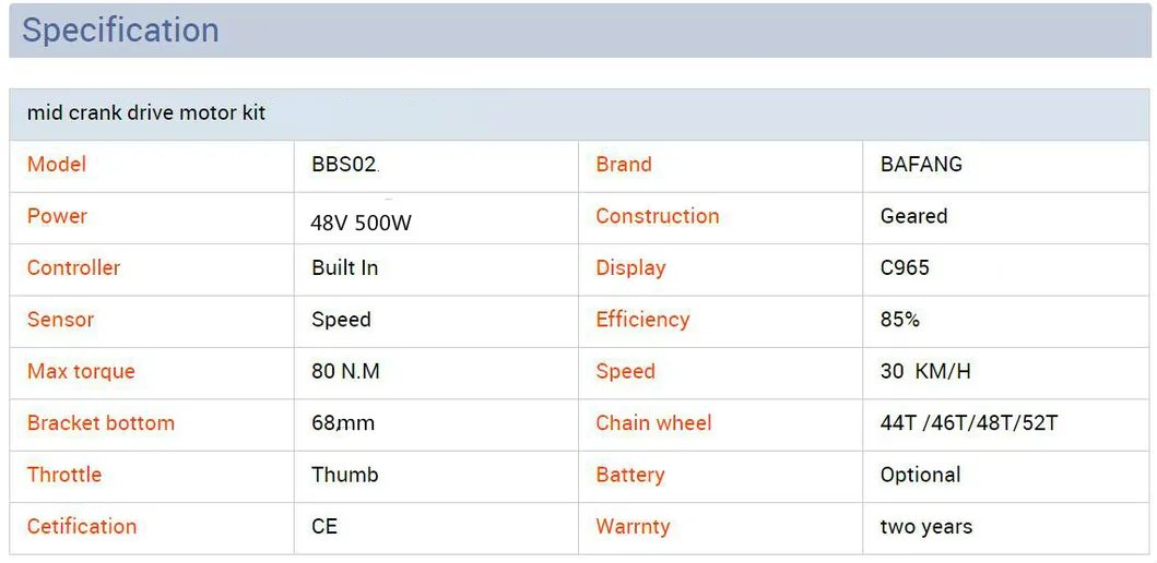 Bafang 48V 500W BBS02 Motor Kit 8 Fun MID Drive Kits