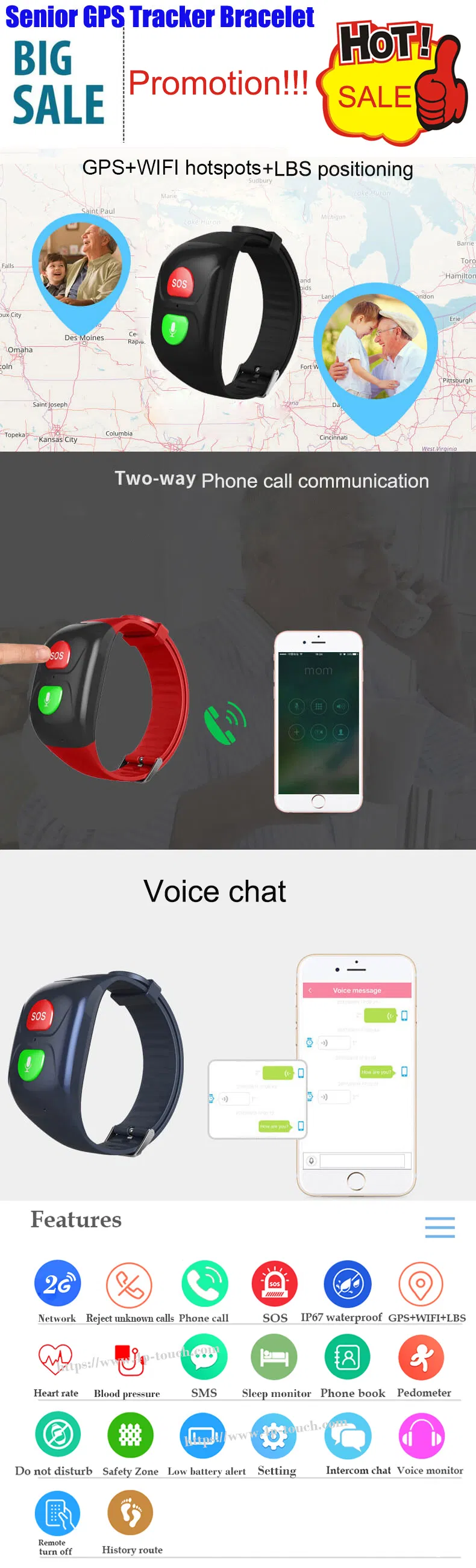High Quality New Developed 2G IP67 Waterproof Adult SOS GPS Security Tracker Wristband with Health Care HR BP Y6H