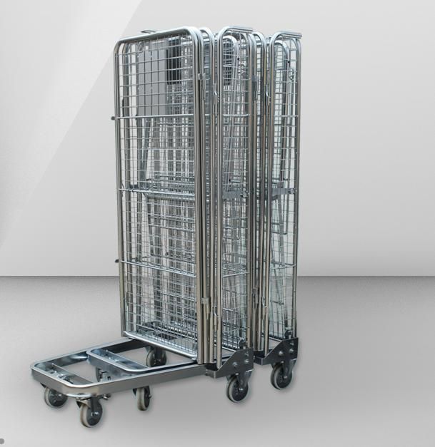 Galvanized Metal Retail Supermarket Express Delivery Logistic Storage Foldable 4 Sides Roll Container Warehouse Storage Trolley Cage