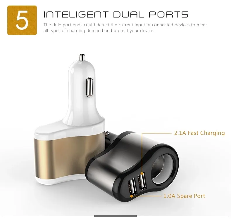 Quality 12-24V Dual USB 3 in 1 Car Charger with Cigarette Lighter Socket Splitter