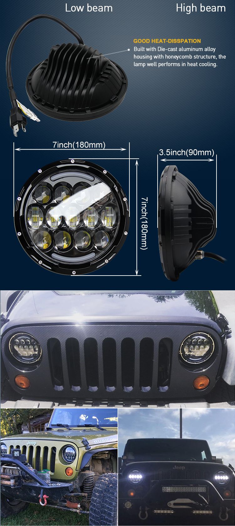 High Low Beam 7 Inch DRL Universal for Jeep J005A LED Car Headlamp