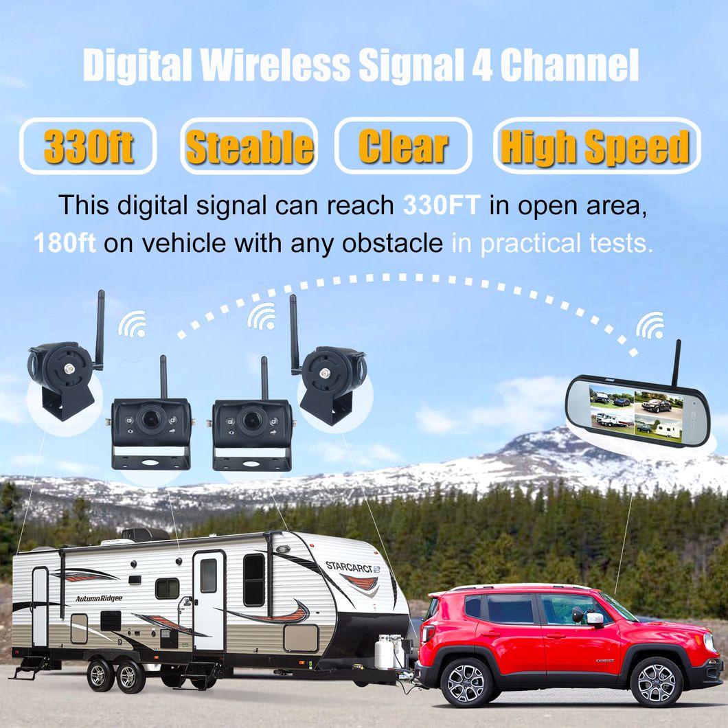 Digital Wireless 7&quot; Mirror Quad Monitor Backup Camera with 2X Zoom for Caravan