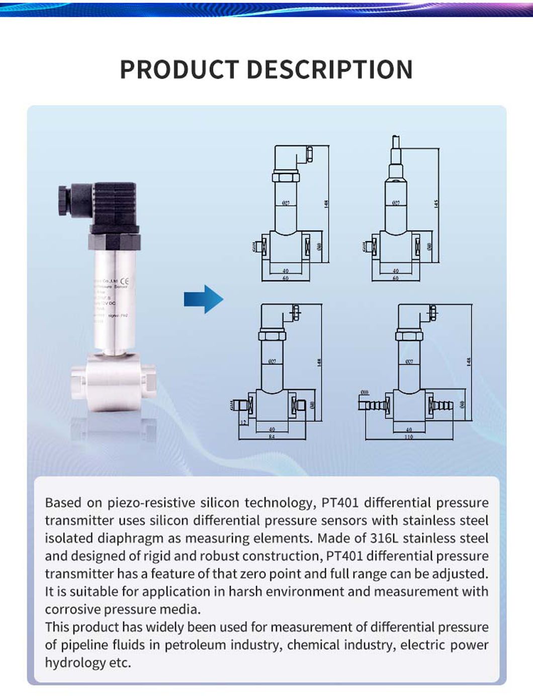 High Accuracy Industrial Intelligent Display 4-20mA Liquid Air Differential Pressure Transmitter