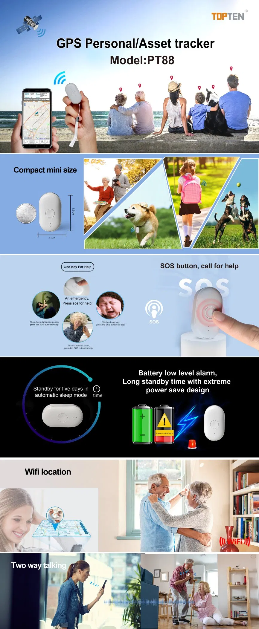 Topten Mini Personal GPS Tracker 2g Smart Asset GPS Tracker White Pet GPS Tracker (TN)