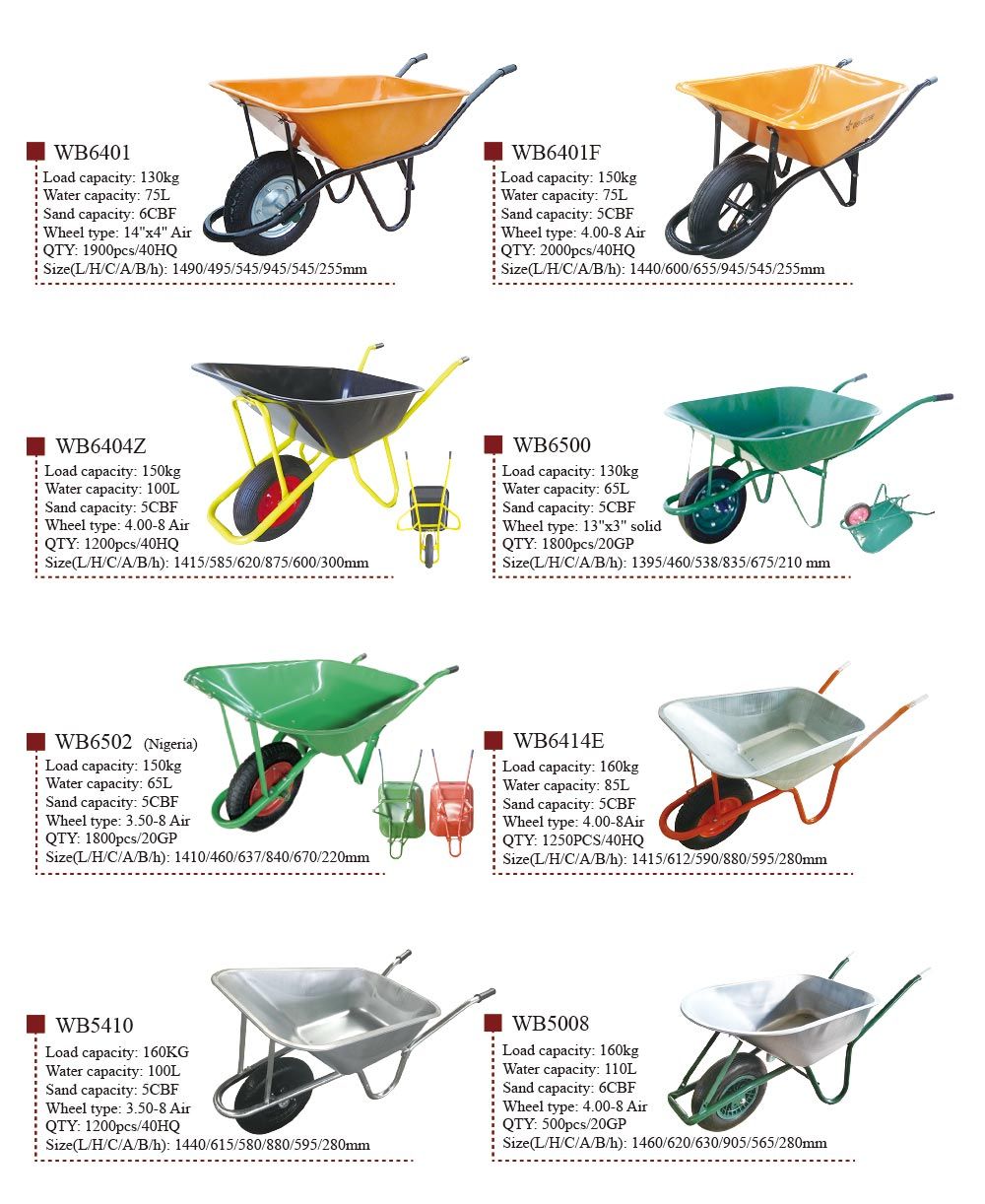 Wb5204 Europe Hot-Selling Wheel Barrow Construction Heavy Duty Garden Wheelbarrow with Load 180kg 75L 3.5-8 Inch Air Wheel