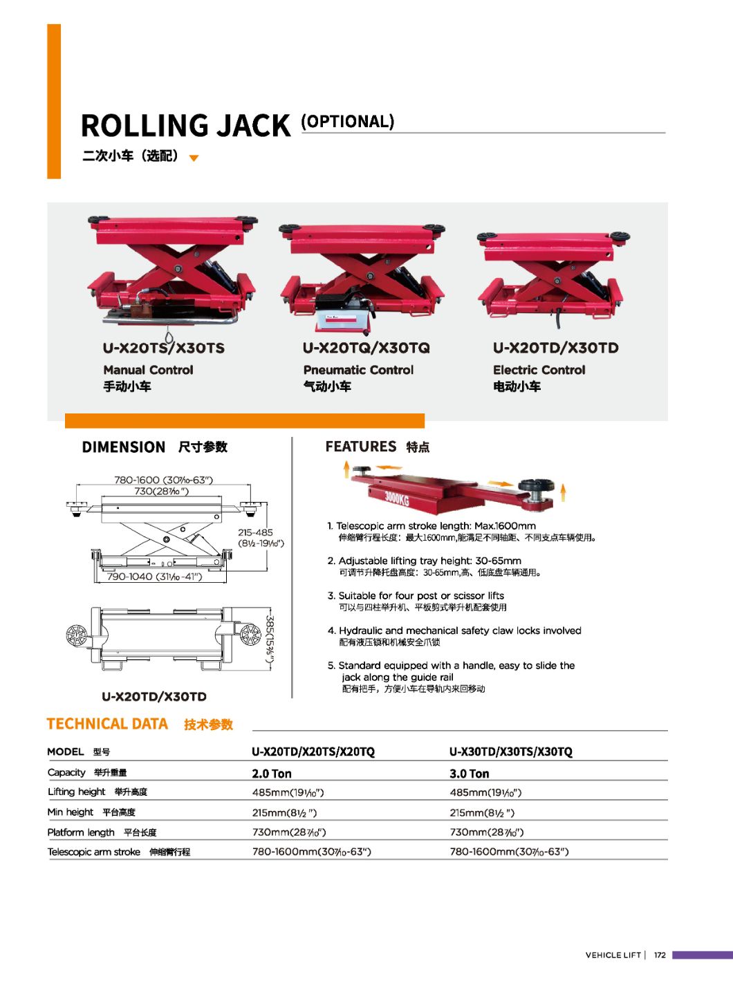 Pneumatic Rolling Jack for Four Post Alignment Lift U-X20tq Rolling Jack for Full Wheel Service Scissor Lift