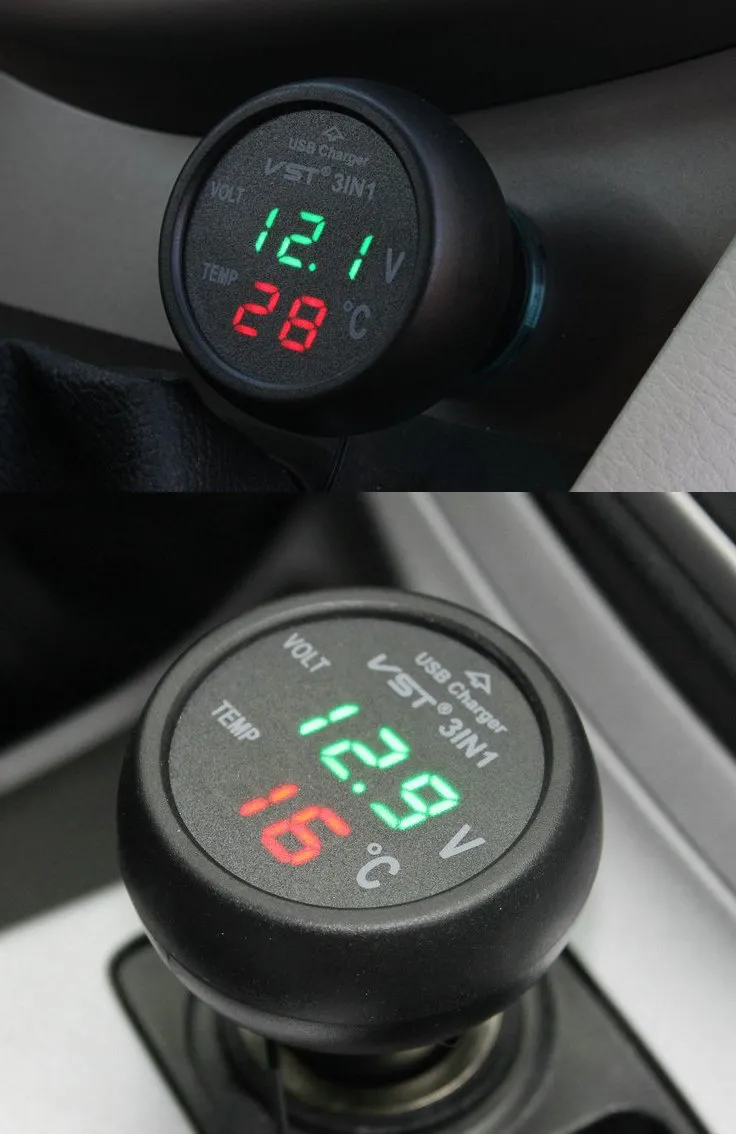 3 in 1 Cigarette Lighter Plug - USB Car Charger - Digital Voltmeter - Thermometer Gauge