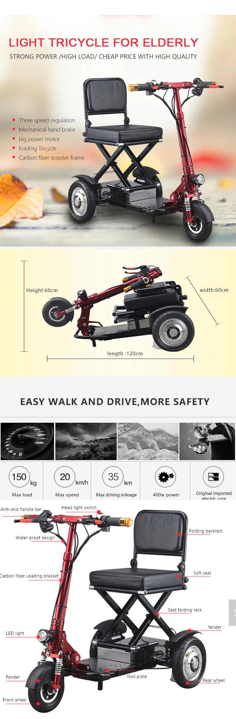 3-Wheel Electric Travel Scooter for Adults with Travel Link 350W