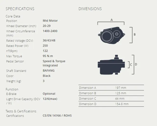 Motor Bafang M510 MID Motor 36V/43V/48V 250W with Display for Electric Bike Conversion Kit