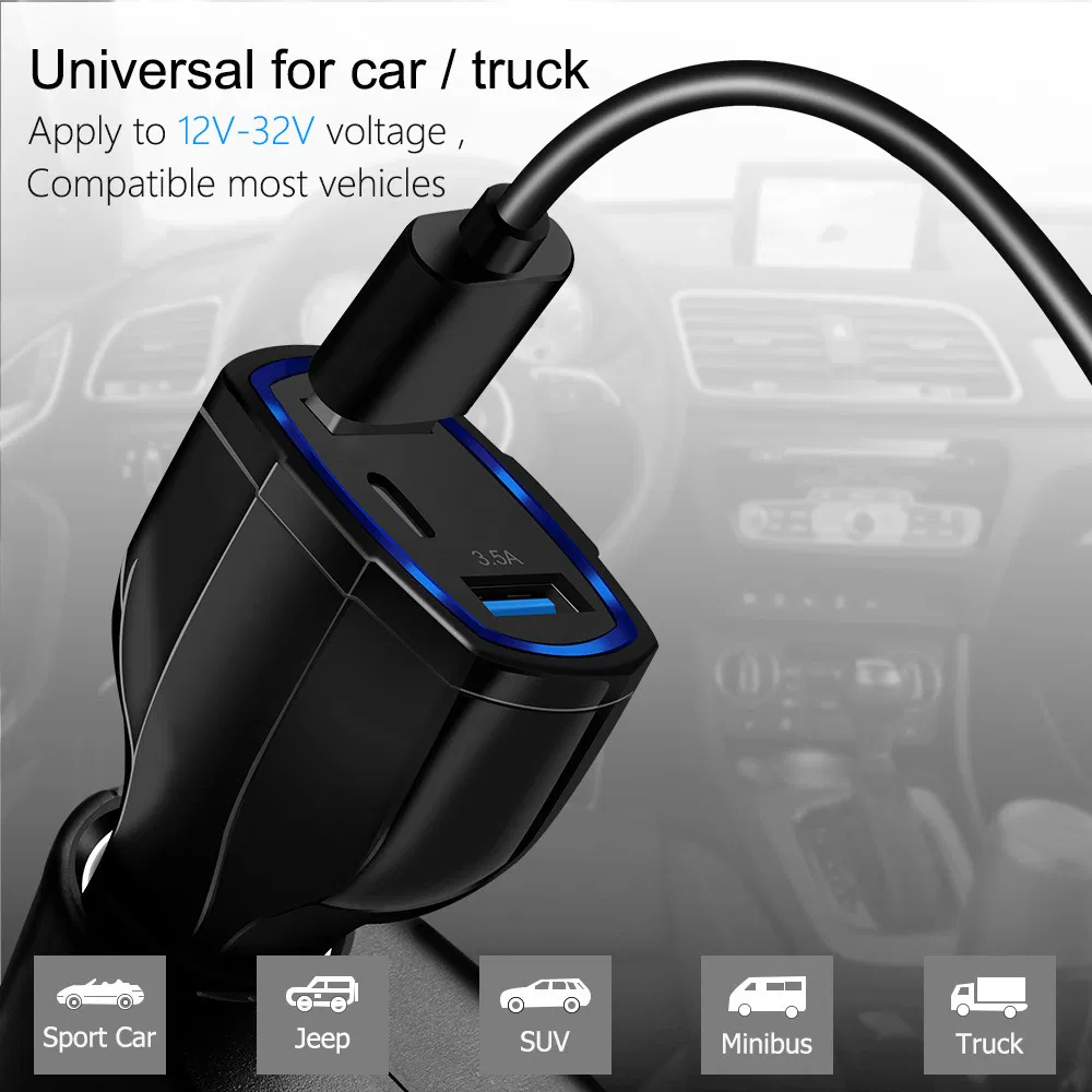 Fast Charging QC3.0 USB Pd Car Charger with LED Indicator