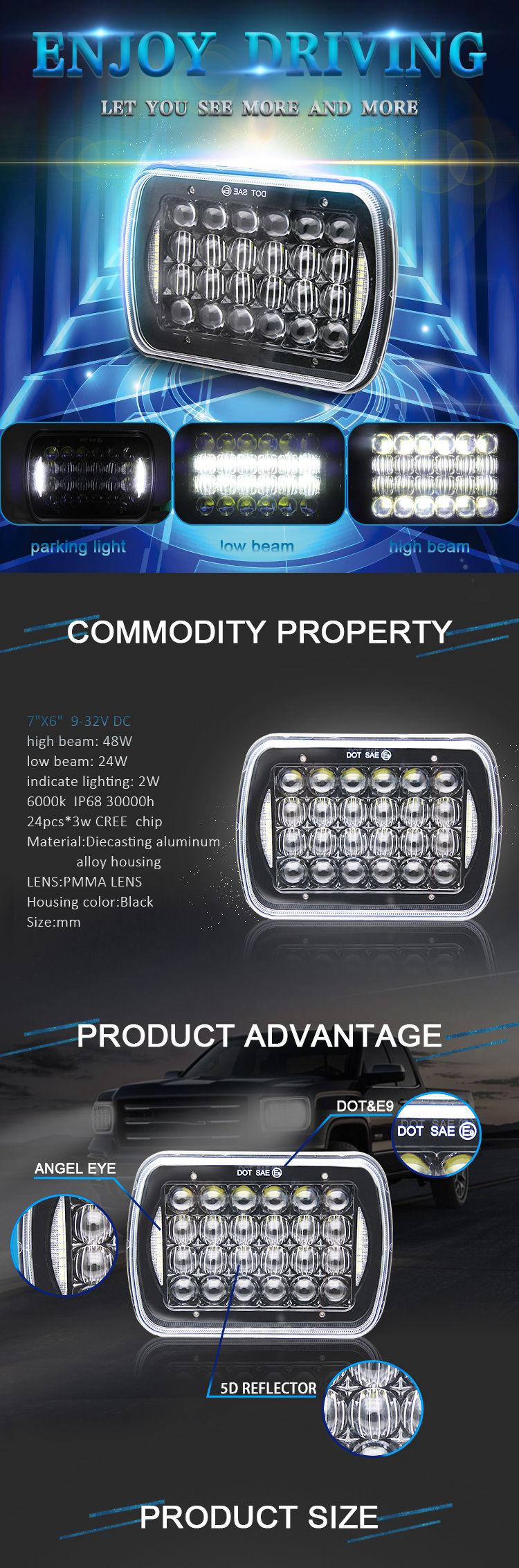 IP68 Ce DOT 12V Car Jeep LED Light 7 Inch 7X5 LED Headlight for Auto