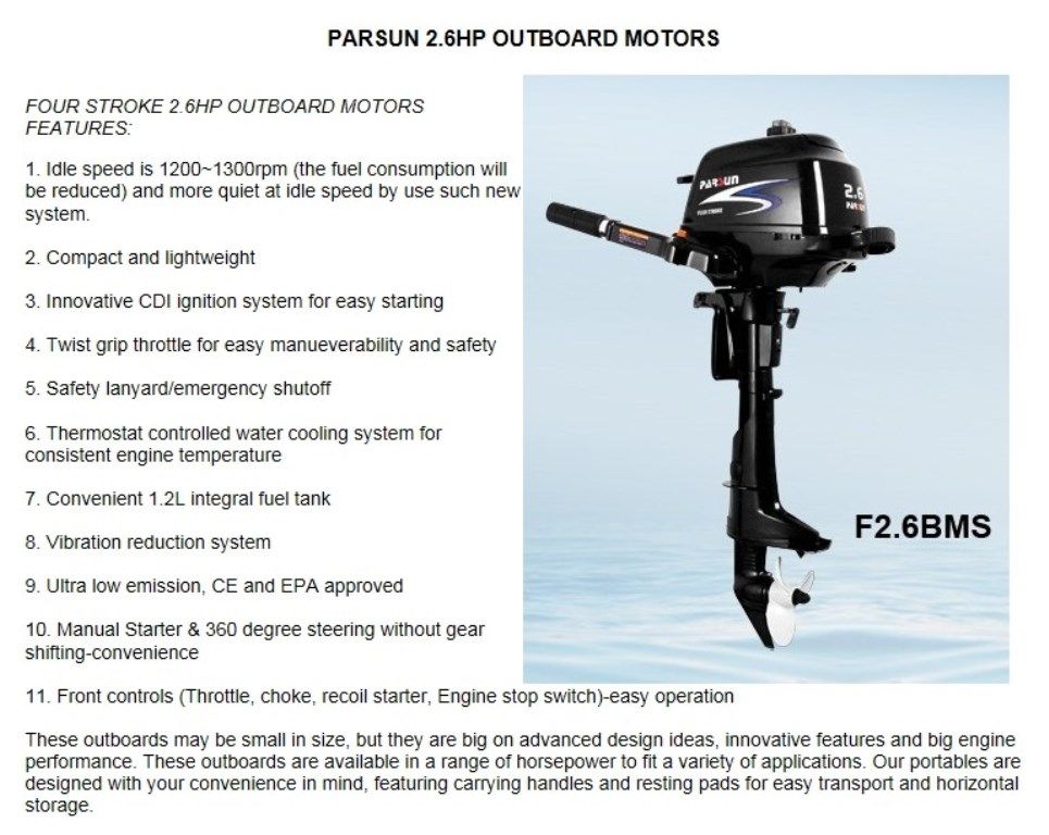 F2.6ABMS, 2.6HP, Tiller Control, Manual Start, Short Shaft 4-Stroke Outboard Engine Boat Motor