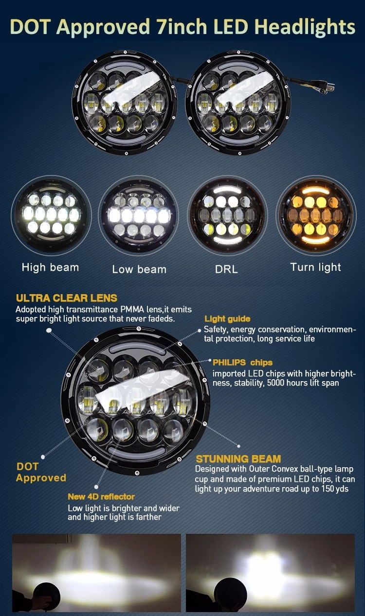 Automotive Super Bright Optional Color Black Chrome Red White 5D Reflector 7 Inch LED Headlight