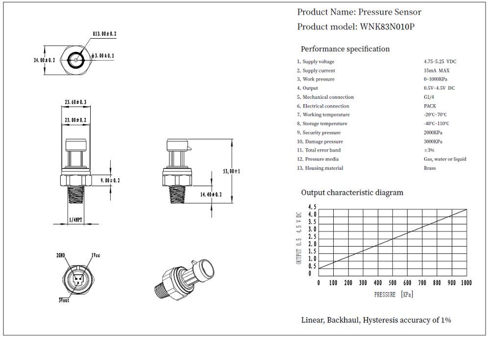 Wnk 0.5-4.5V 0-10bar 0-20bar G1/4 1/4NPT Brass Pressure Sensor for Air Gas
