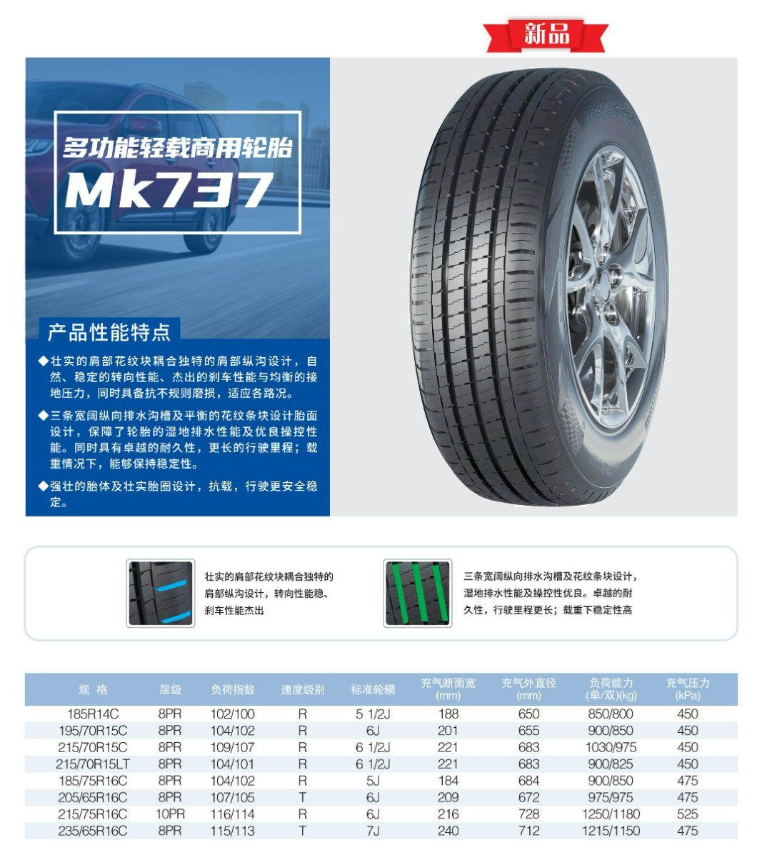 Haida/Mileking Mk737 HD737 185r14c 8pr 195/70r15c 185/75r16c 205/65r16c 215/75r16c 235/65r16c 215/70r15lt 205/70r15c 225/70r15c 195/75r16c Car Tyres for Sale