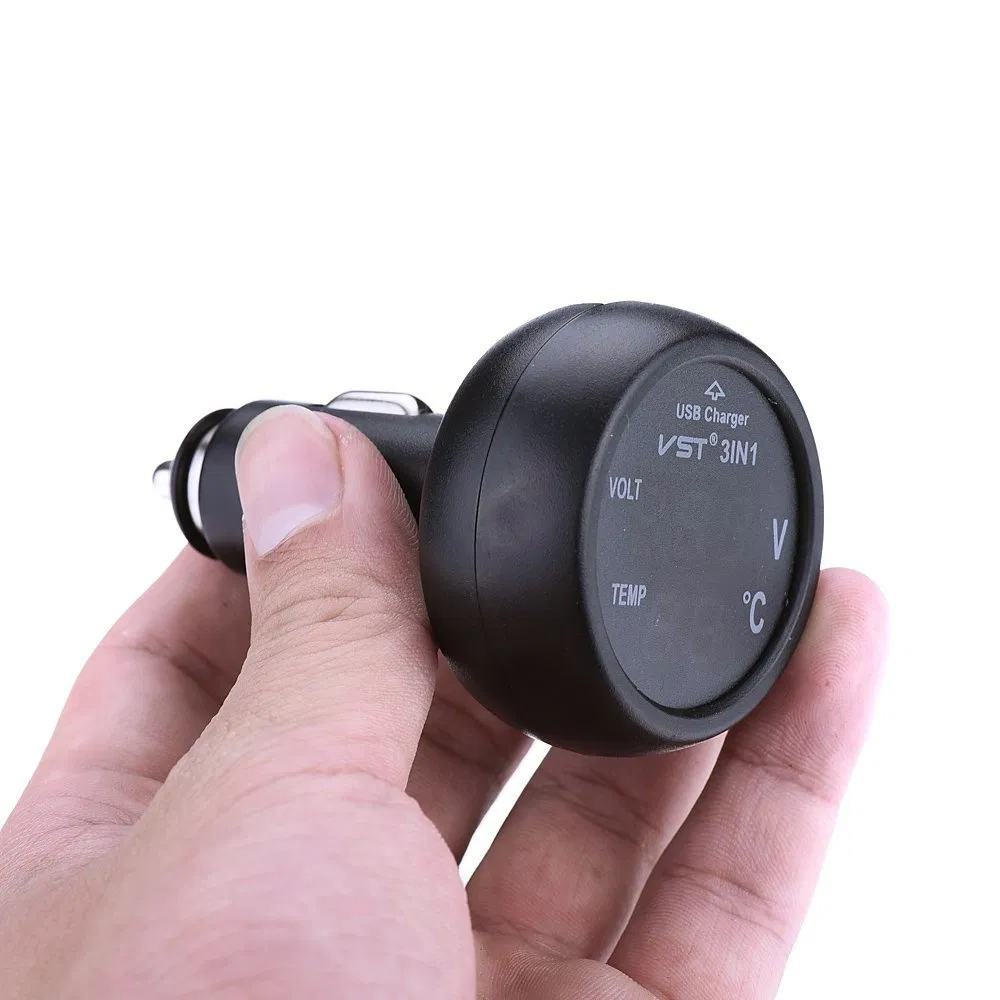 3 in 1 Cigarette Lighter Plug - USB Car Charger - Digital Voltmeter - Thermometer Gauge