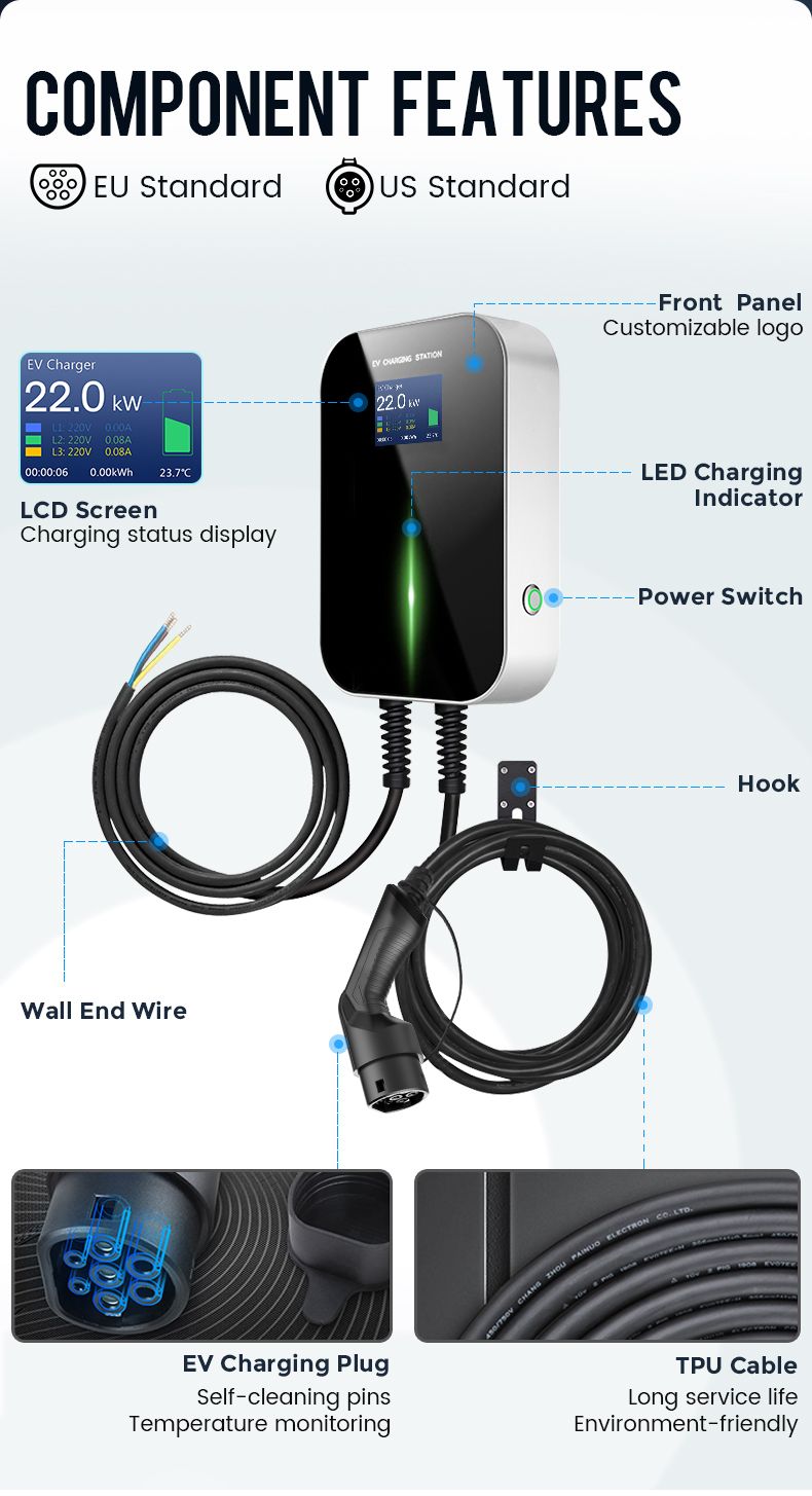 22kw Electric Vehicle Charger Station EV Charging Point with Type 2 Cable 20 Feet