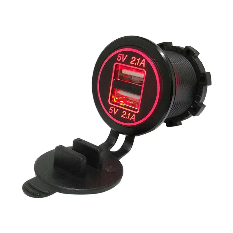 12V/24V Automobile Motorcycle Truck Waterproof with Aperture Dual USB Car Charge 4.2A LED Light Socket Dual Socket
