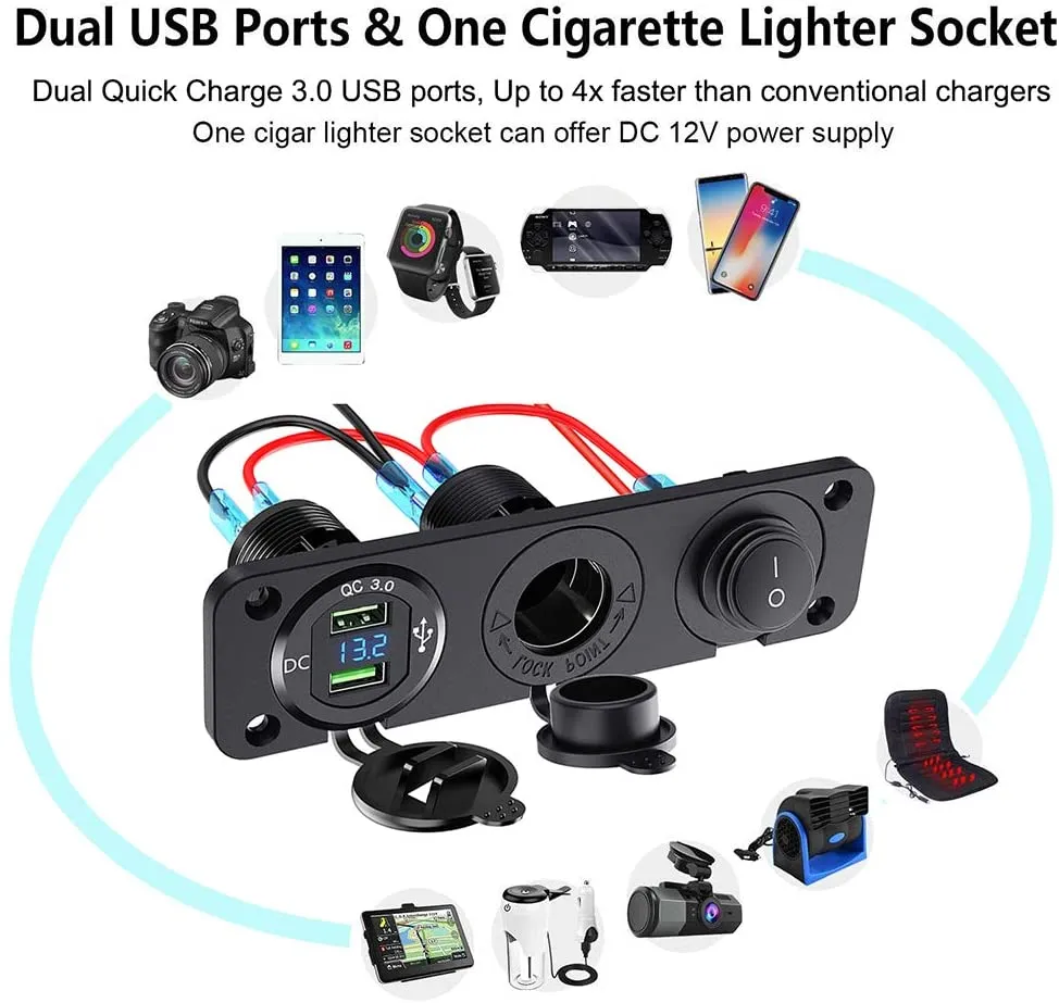 Marine Alloy QC3.0 Dual USB Charger+LED Voltmeter+12V-24V Power Socket Switch Car Decoration Accessories Marine Charger