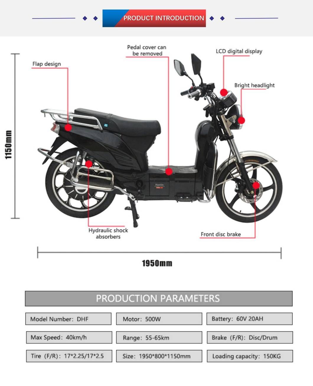 Powerful Hydraulic Shock Absorber LCD Display Electric Scooter Bike for Passengers