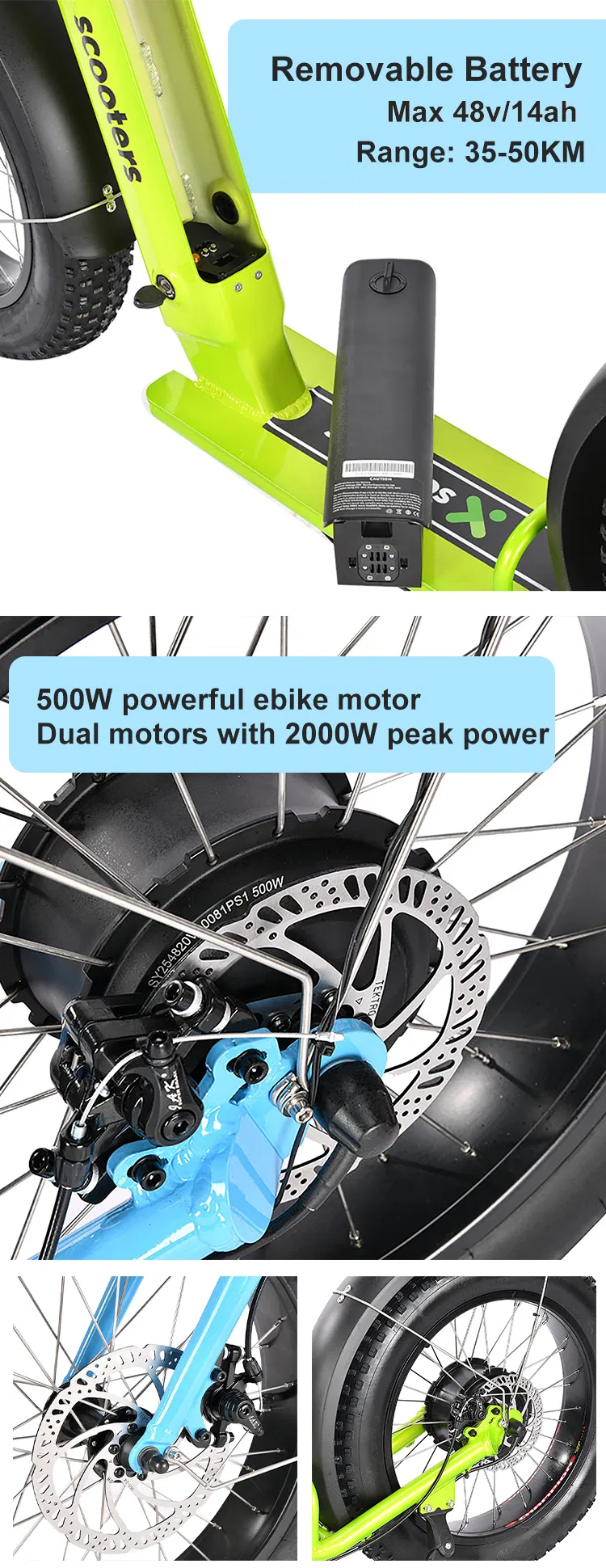 500 W Foldable Mountain Shock Absorption Safe Removable Battery Fat Wide Tyre off Road Electric City Mountain Scooter
