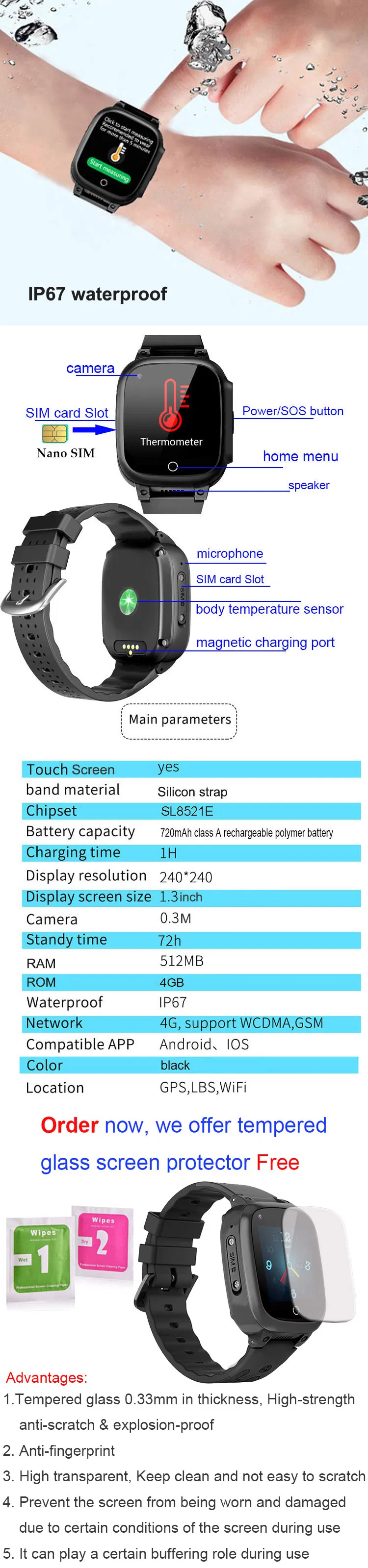 New Launched 4G IP67 Waterproof Video Call Senior SOS Smart Watch Elderly Phone GPS Tracker with Thermometer D51S