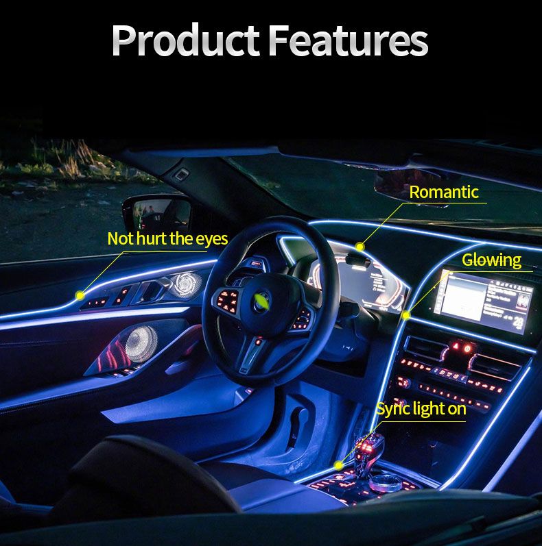 Car Interior EL Wire Ambient LED Light Decorative Strip Lamp Auto Flexible Atmosphere Neon Cold Light Flexible USB Sewing Edge Ambient