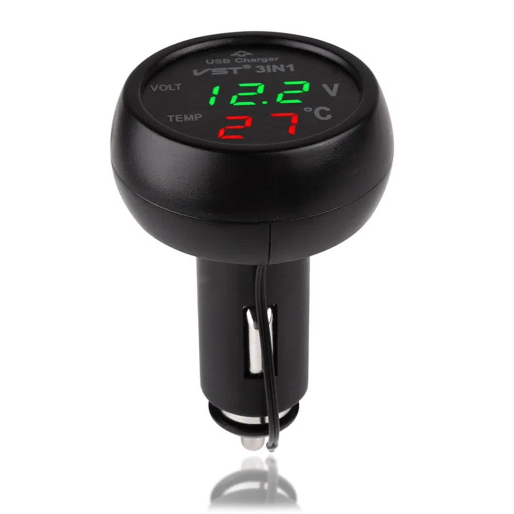 3 in 1 Cigarette Lighter Plug - USB Car Charger - Digital Voltmeter &amp; Thermometer Gauge (Red Green)