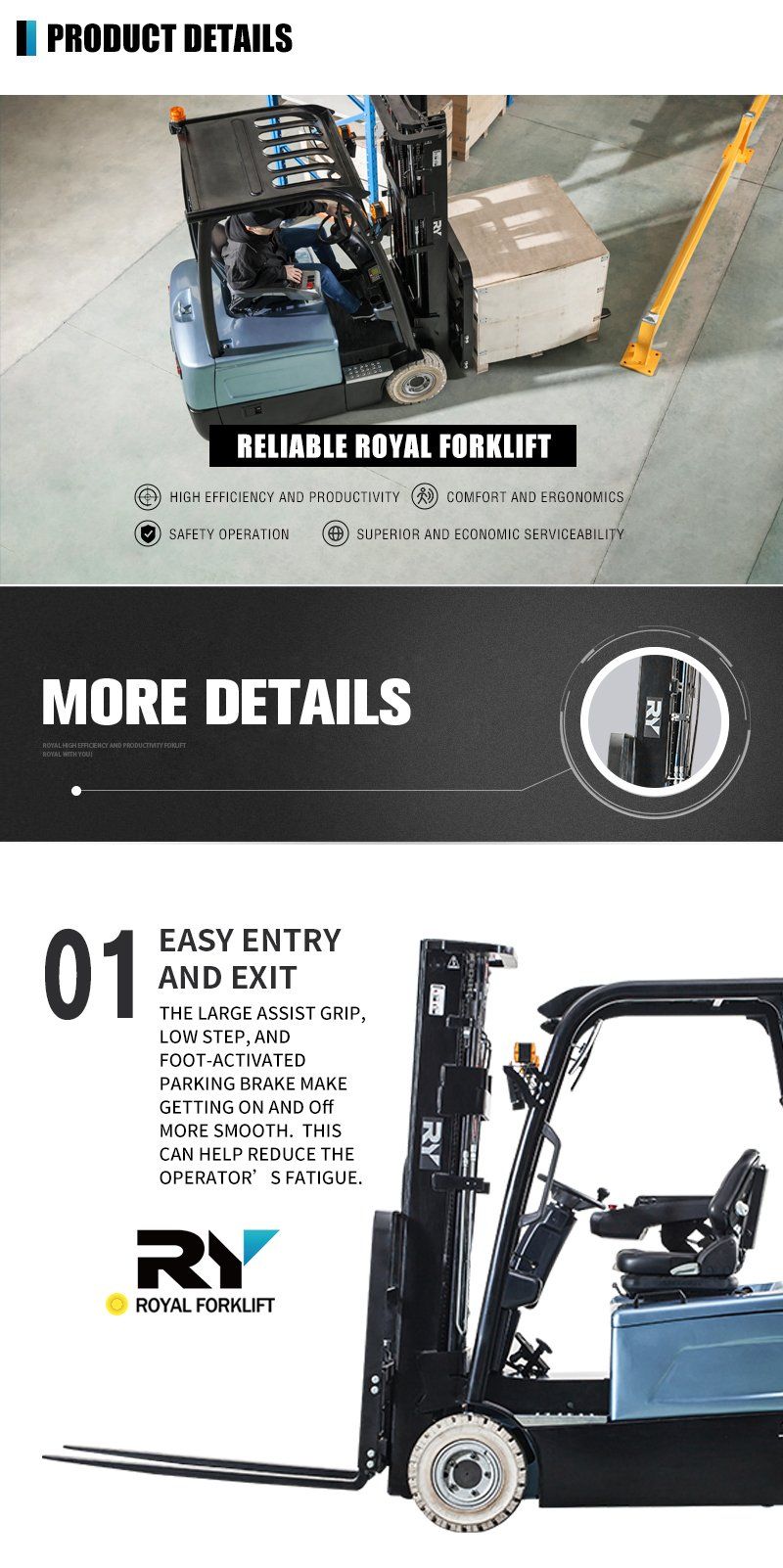 1.6t 2t 3 Wheels Battery Forklift Trucks Dual Drive Motor