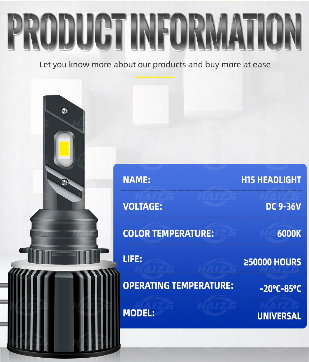 Haizg High Quality H15 LED Headlight 50W 6000K High Low Beam Spotlight H4 LED Other Lighting System