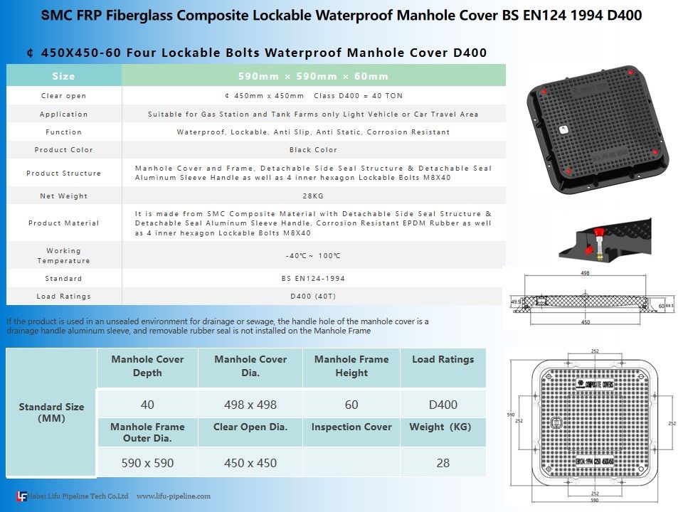 High Quality SMC Manhole Cover Fiberglass Square 450X450 Seal Manhole Covers and Frame Composite Watertight Manhole Cover FRP Waterproof Manhole Cover