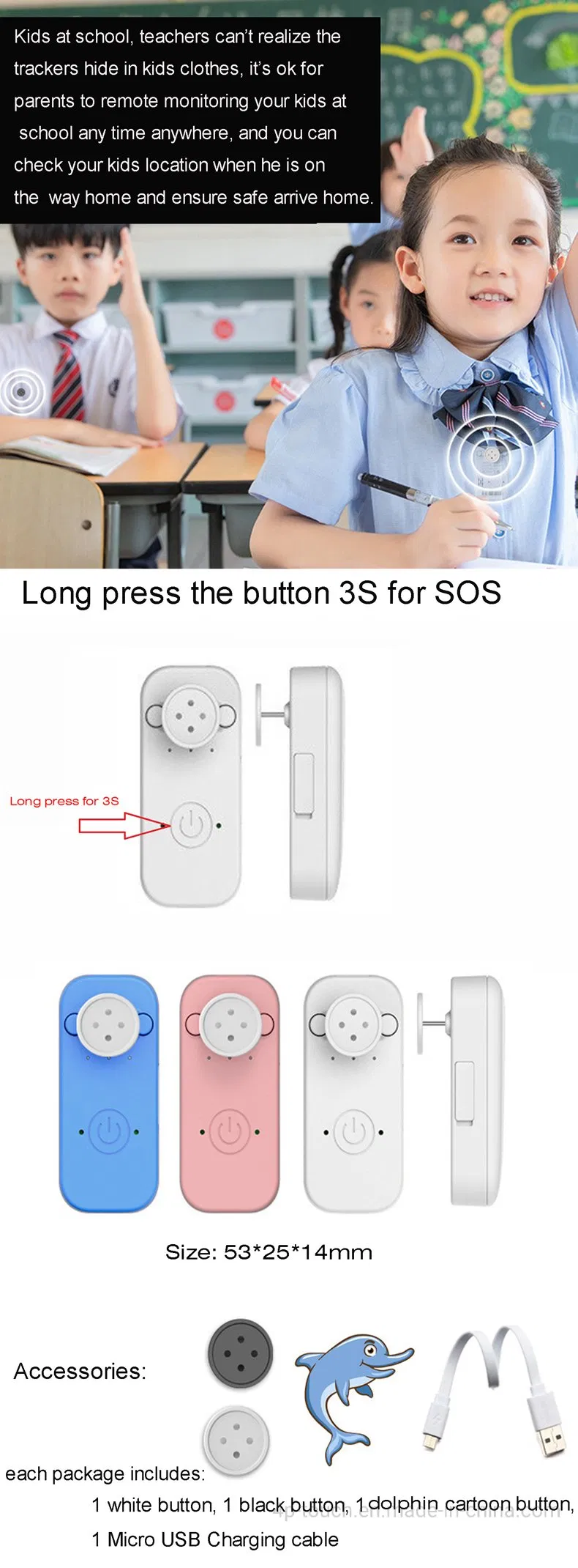 China Factory 4G IP67 Waterproof Button Size Mini Hidden School Bag GPS Tracker with SOS for Emergency Help A43