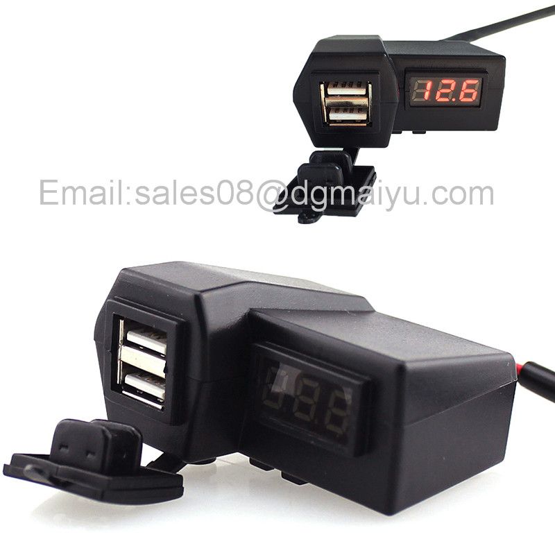 DC 12V/24V 3.1A Waterproof Motorcycle 2 in 1 Car Dual USB Charger with Digital Voltmeter & Switch Output for ATV Boat