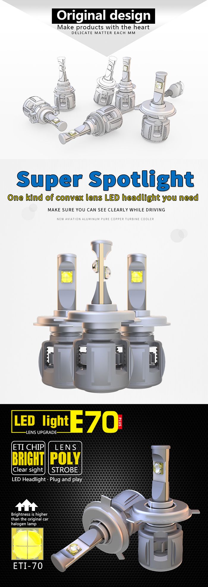 Wholesale High Lumen E70 H4 LED Headlight Car Automobile Lighting LED Auto Light for Ford Spare Parts